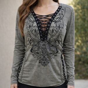 Affliction Womens Large Long Sleeve Vintage Lace Charlotte Oak Green T Shirt Top